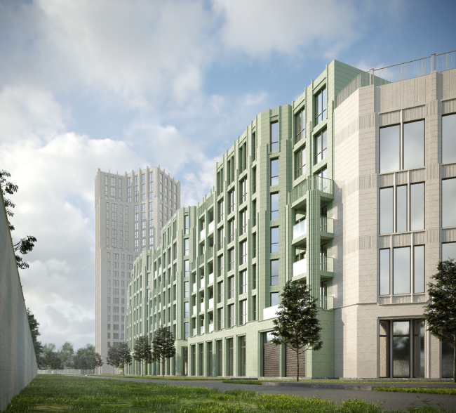 Building 2.3 and 2.1 view from the southeast side along the southern facade. Residential Complex on Orenburgsky Tract, Kazan. Architectural concept