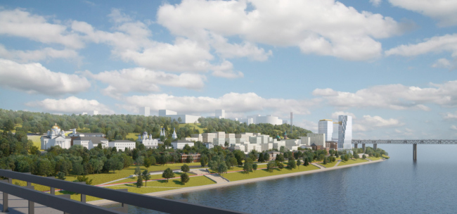 Integrated development of the Blagoveshchenskaya Sloboda area in Nizhny Novgorod. Photo montage from the Kanavinsky Bridge