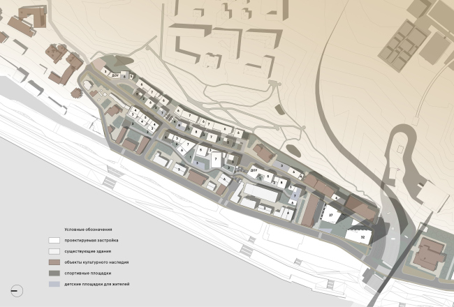 Master Plan stage of the Blagoveshchenskaya Sloboda development in Nizhny Novgorod. Simplified master plan with indication of the number of stories of the designed buildings