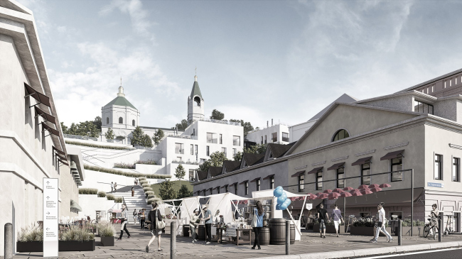 The “Project” stage of development of four clusters of Blagoveshchenskaya Sloboda. Square and stairs leading to the Church of St. John the Baptist, Cluster 4, version proposed by Ostozhenka