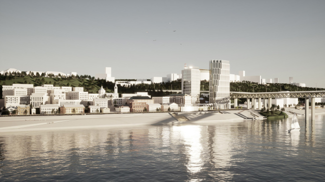 The Project stage of tower development. Stage Project development of four clusters of the Blagoveshchenskaya Sloboda territory in Nizhny Novgorod. View from the Oka side