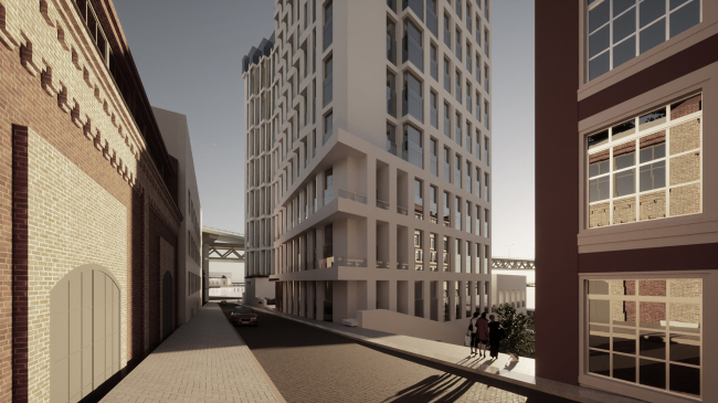 The Project stage of tower development. View from the side of the Metro Bridge