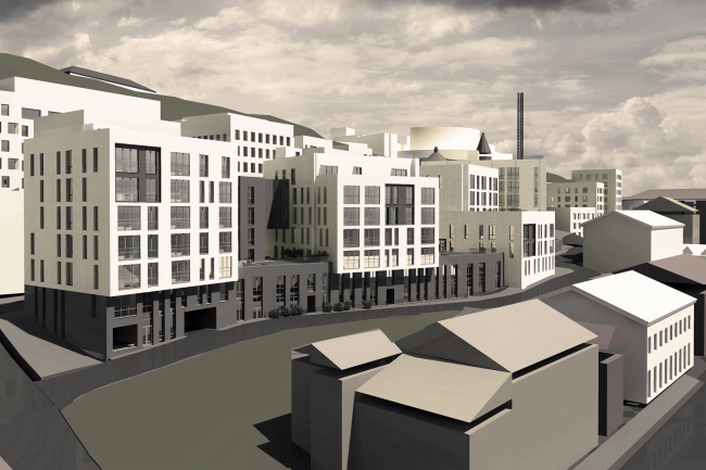 The Project stage of development of four clusters of Blagoveshchenskaya Sloboda in Nizhny Novgorod. Cluster 3, view from the Oka side