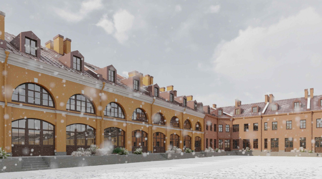 A building of the early 19th century. View from the side of the avenue. Project of restoration and adaptation of the Mytny Dvor building. Evgenyevskaya Residential Complex on the territory of Mytny Dvor