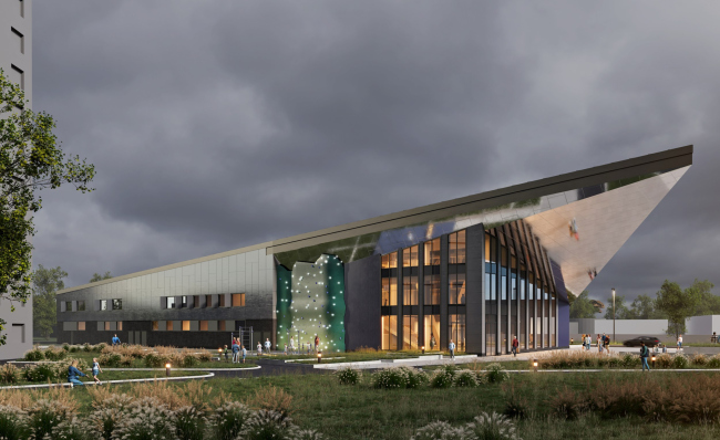 Reconstruction of the regional youth center Polyot in Oryol � the side facade with a climbing wall