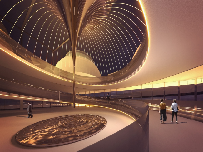 The entrance area with a pool. The Most Temporary Pavilion at World Expo in Osaka