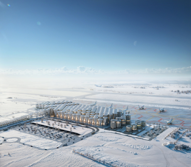 Omsk-Fedorovka Airport. Guardian of the southern borders. General view from the top from the side of the plaza