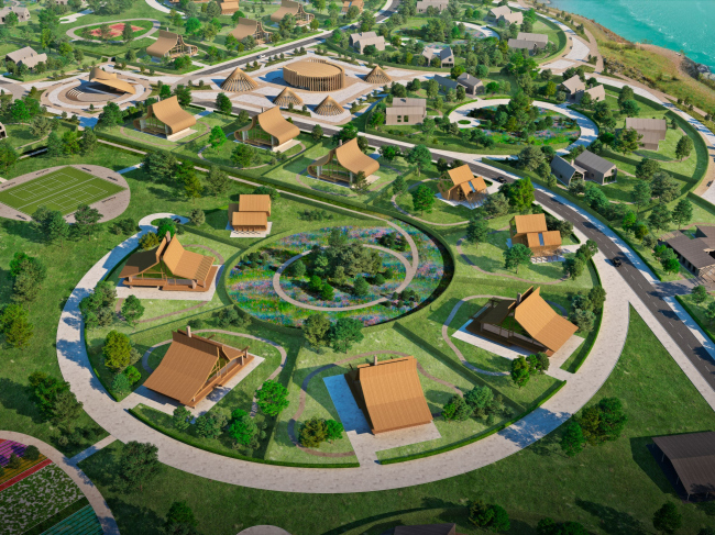 Architectural and settlement planning concept of the eco-village in Altai Krai. Residential area with a communal garden.
