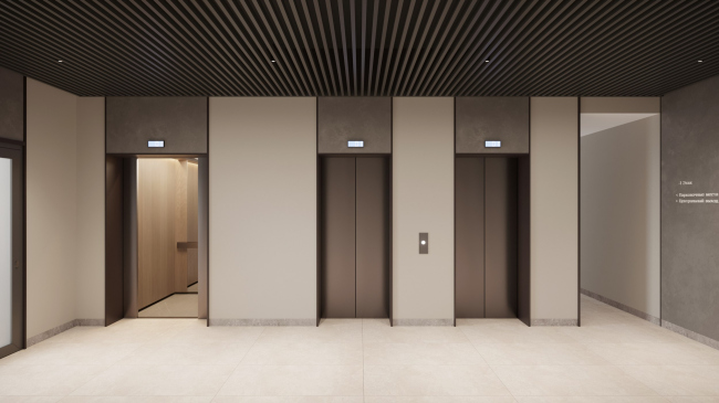 Лобби ЖК «Дом на Зорге». Подземный лифтовой холл Лобби ЖК «Дом на Зорге». Подземный лифтовой холл