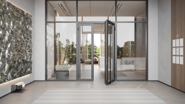 Лобби ЖК «Дом на Зорге». Тамбур центральный Лобби ЖК «Дом на Зорге». Тамбур центральный