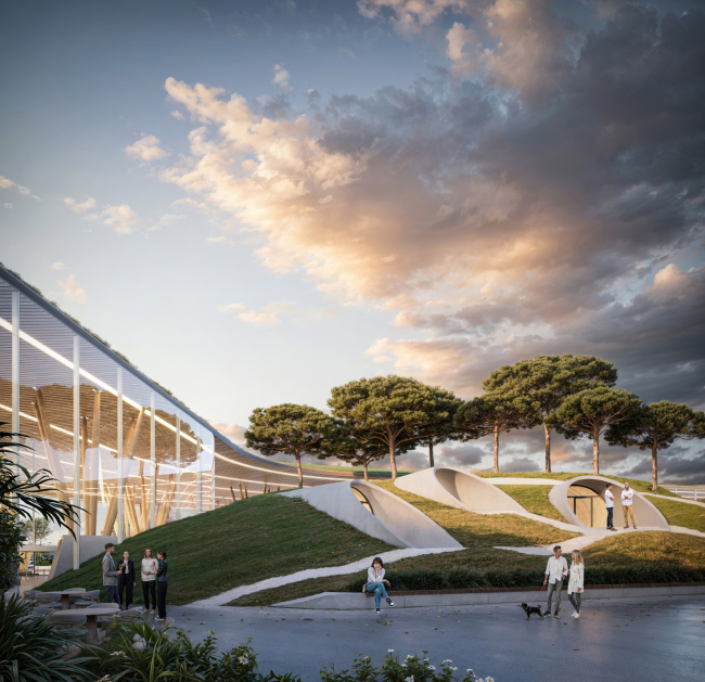 New passenger terminal of the Caucasus airport. Green public space in the center