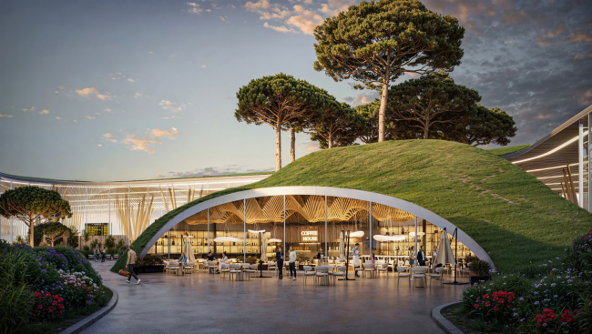 New passenger terminal of the Caucasus airport. Green public space in the center