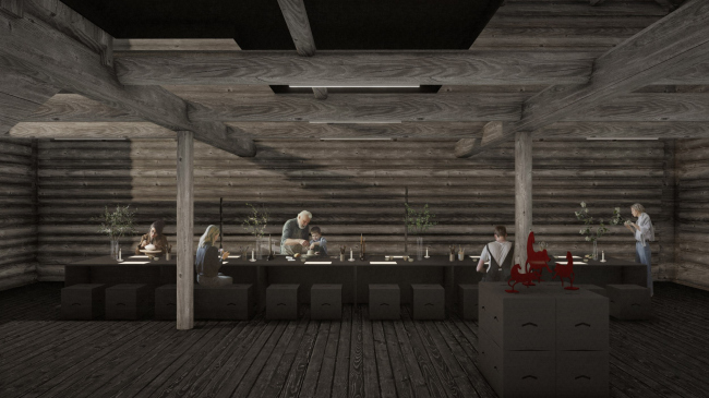 Концепция реставрации и приспособления ОКН Муниципального значения «Усадьба С.В. Катюшина вт.пол XIX в. «Лабаз» под общественное пространство арт-резиденции. Визуализация интерьера пространства для проведения мастер-класса на 1 этапе Концепция реставрации и приспособления ОКН Муниципального значения «Усадьба С.В. Катюшина вт.пол XIX в. «Лабаз» под общественное пространство арт-резиденции. Визуализация интерьера пространства для проведения мастер-класса на 1 этапе