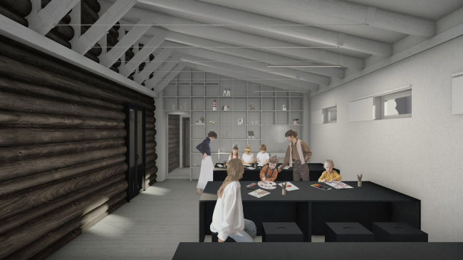 Концепция реставрации и приспособления ОКН Муниципального значения «Усадьба С.В. Катюшина вт.пол XIX в. «Лабаз» под общественное пространство арт-резиденции. Визуализация интерьера пристроя на 2 этапе Концепция реставрации и приспособления ОКН Муниципального значения «Усадьба С.В. Катюшина вт.пол XIX в. «Лабаз» под общественное пространство арт-резиденции. Визуализация интерьера пристроя на 2 этапе