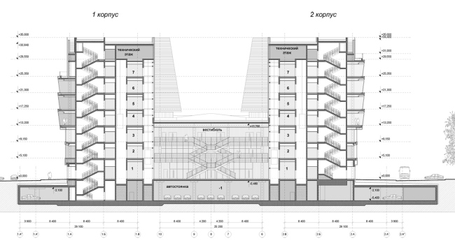 Cross-section view (3-3). The UAC headquarters building in Zhukovsky