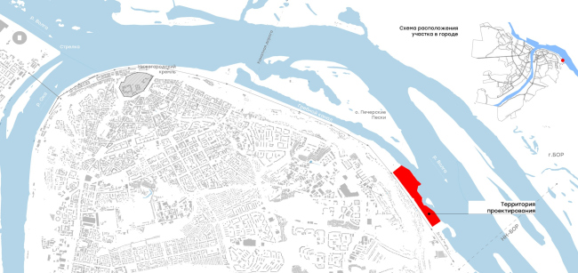 Architectural concept for the comprehensive development of the Grebnoy Canal embankment in Nizhny Novgorod. Location plan