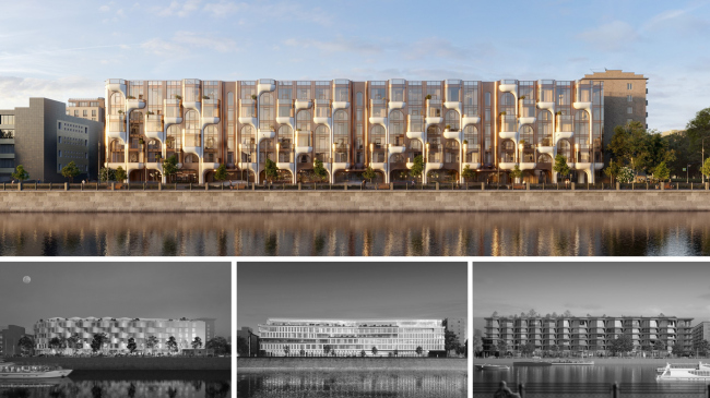 Savvinskaya 27 apartment complex by Level. Top: concept by ODA; bottom, left to right: concepts by de Architekten Cie, Arch(e)type, and UNK.