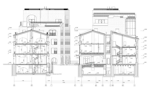 Гостиничный комплекс Ильинка 3/8. Разрез поперечный по историческим строениям Гостиничный комплекс Ильинка 3/8. Разрез поперечный по историческим строениям