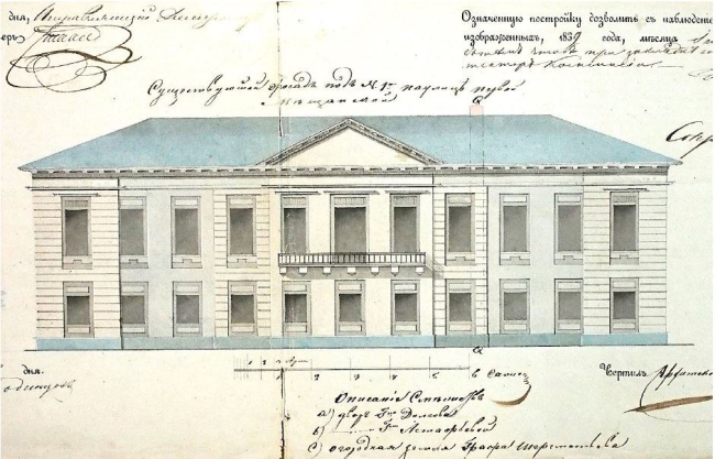 Дом Долговых. 1839г. Фасад, выданный от Комиссии для строений в Москве. ГБУ ЦГА г. Мск Дом Долговых. 1839г. Фасад, выданный от Комиссии для строений в Москве. ГБУ ЦГА г. Мск