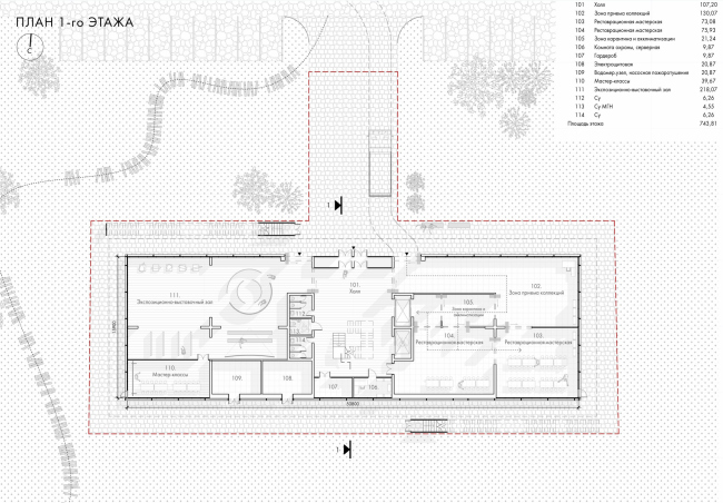 Концепция фондохранилища в Старой Ладоге. План 1 этажа Концепция фондохранилища в Старой Ладоге. План 1 этажа