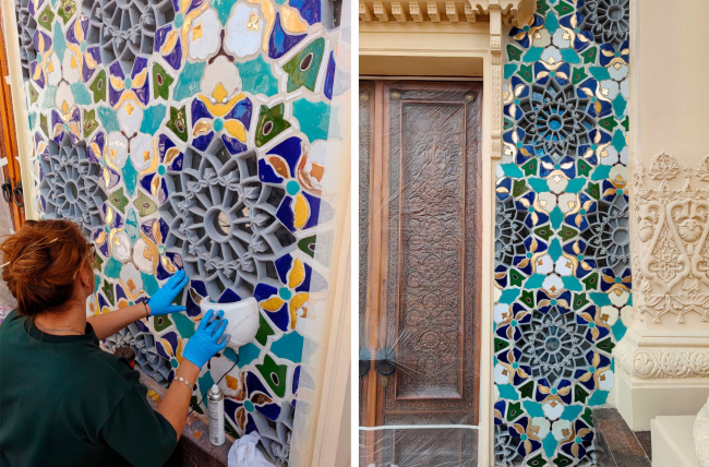 Павильон №66. Реставрация панно с майоликой и розетками Павильон №66. Реставрация панно с майоликой и розетками