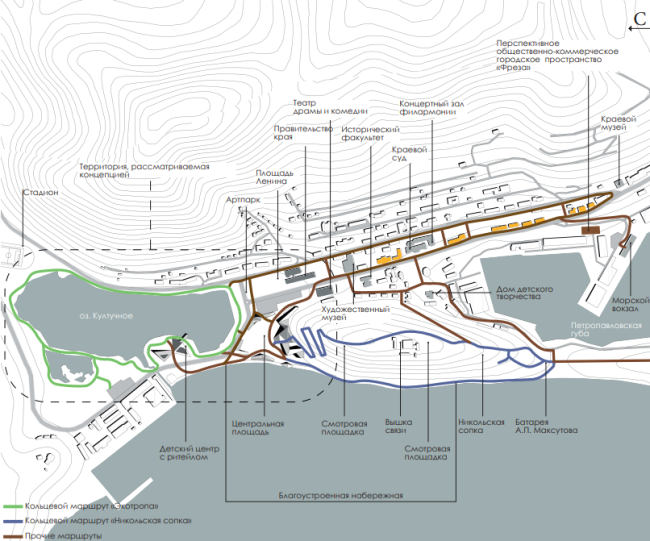 Мастер-план туристического центра в Петропавловске-Камчатском. Схема прогулочно-туристических маршрутов Мастер-план туристического центра в Петропавловске-Камчатском. Схема прогулочно-туристических маршрутов