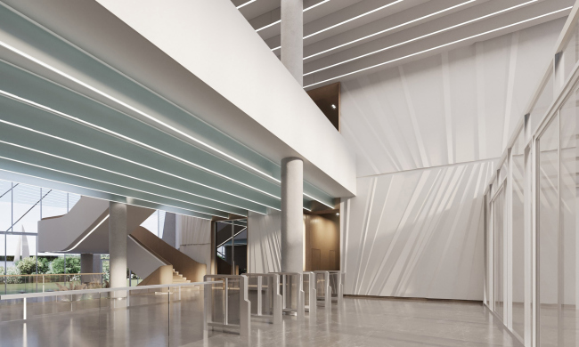 The entrance to the foyer in the evening light from the west side. House of Music, project, 2025