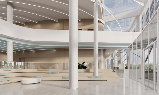 The amphitheater in the atrium from the east side. House of Music, project, 2025