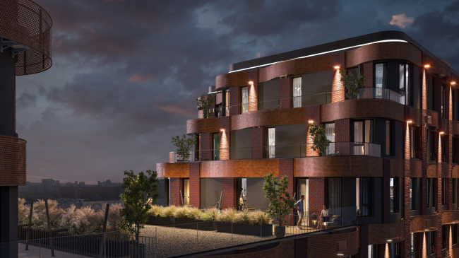 Residential complex Waiver in Yekaterinburg. Terraces, evening