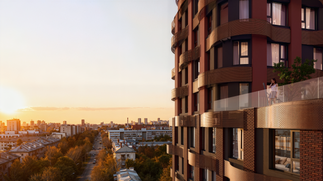 Residential complex Waiver in Yekaterinburg. Facade, sunset