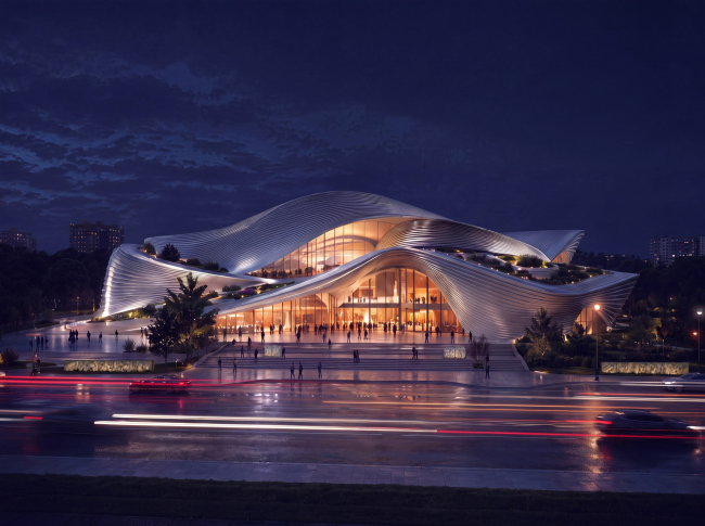 Khabarovsk Regional Musical Theater. The night facade and the lighting scenario